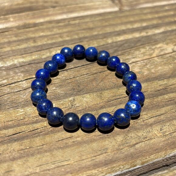 Deep Blue Beaded Bracelet lapis lazuli with pyrite 7” average wrist crystal - Picture 1 of 5